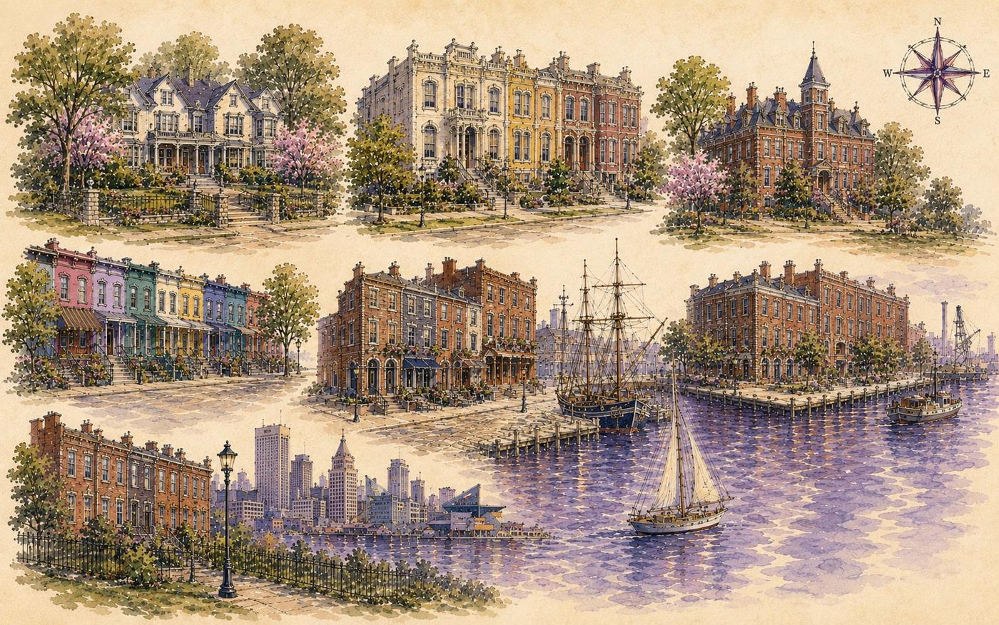 Illustrated watercolor map of Tidewell's north and central Baltimore service area