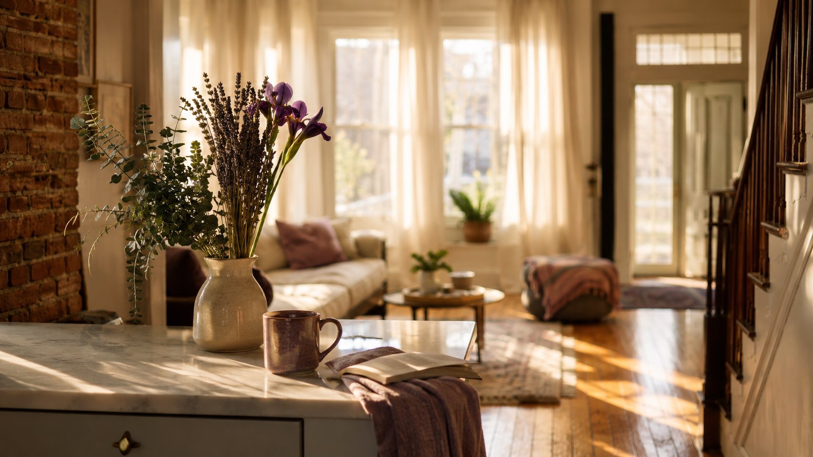 A sunlit Baltimore rowhome interior with lavender and iris on a clean counter — the feeling Tidewell leaves behind.